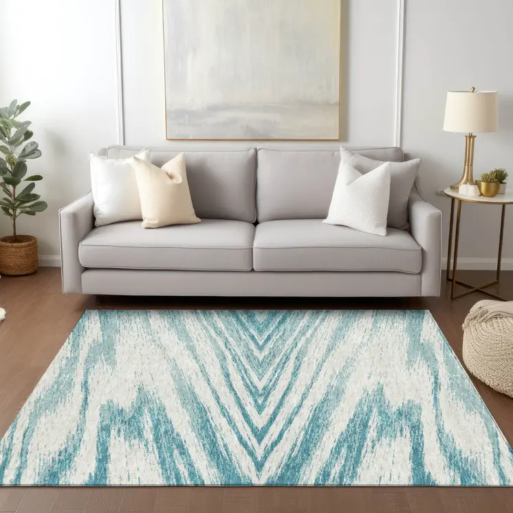 8' X 10' Teal Blue And Ivory Abstract Washable Indoor Outdoor Area Rug