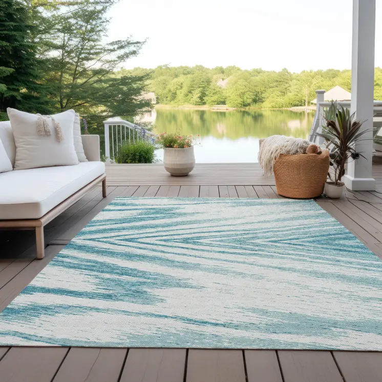 9' X 12' Teal Blue And Ivory Abstract Washable Indoor Outdoor Area Rug