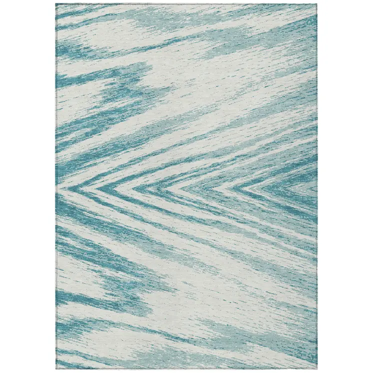 9' X 12' Teal Blue And Ivory Abstract Washable Indoor Outdoor Area Rug