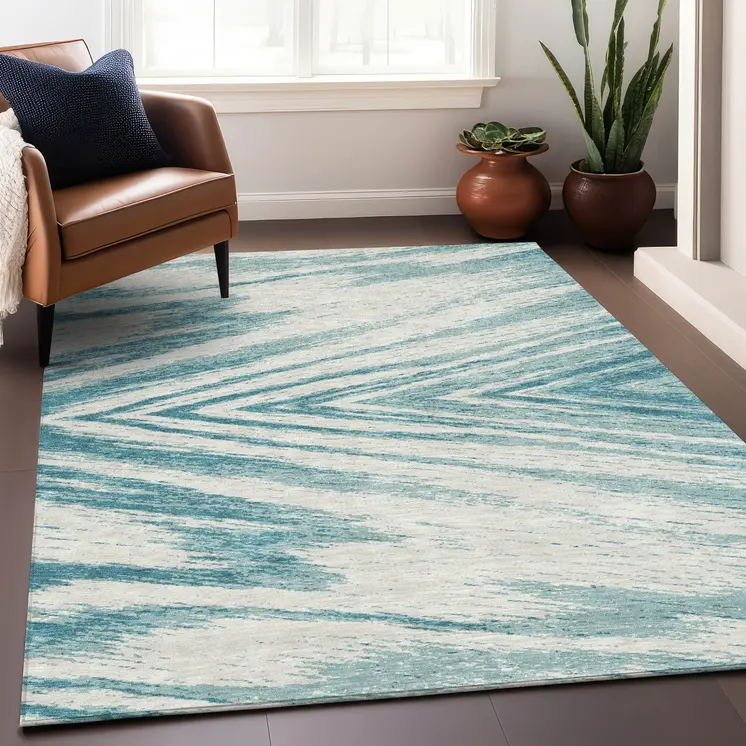 9' X 12' Teal Blue And Ivory Abstract Washable Indoor Outdoor Area Rug
