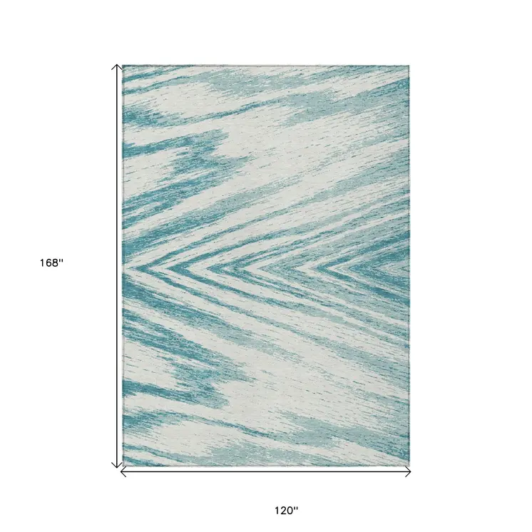 10' X 14' Teal Blue And Ivory Abstract Washable Indoor Outdoor Area Rug