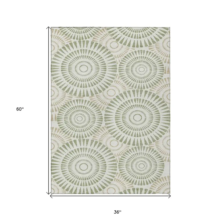 3' X 5' Artichoke Green Brown And Beige Geometric Washable Indoor Outdoor Area Rug