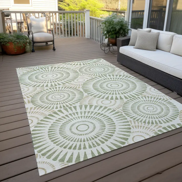 3' X 5' Artichoke Green Brown And Beige Geometric Washable Indoor Outdoor Area Rug