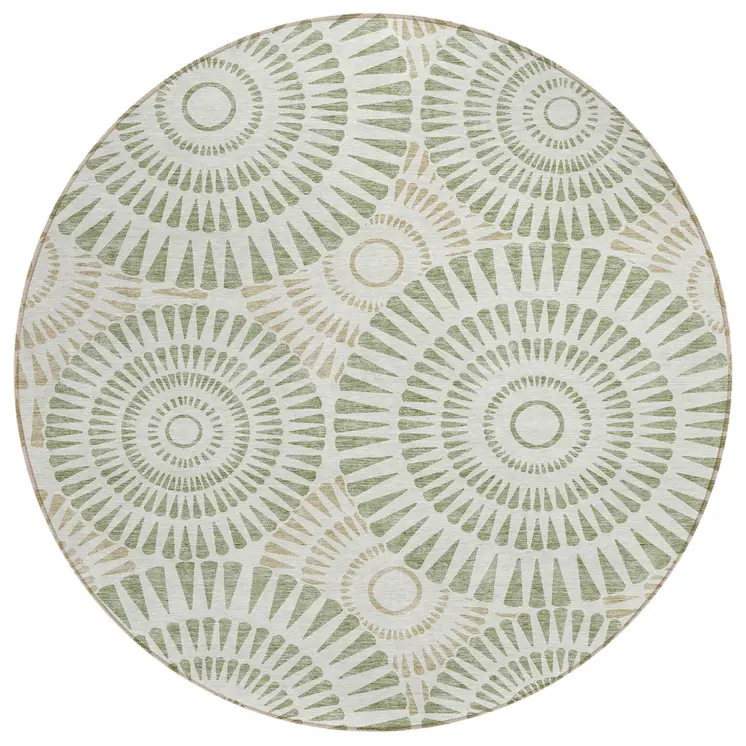 8' Artichoke Green Brown And Beige Round Geometric Washable Indoor Outdoor Area Rug