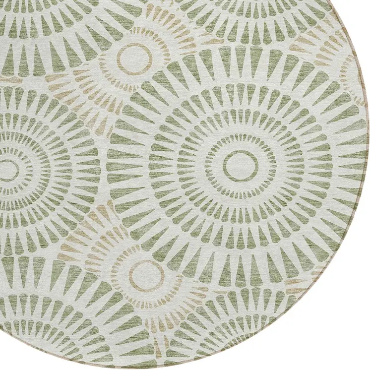 8' Artichoke Green Brown And Beige Round Geometric Washable Indoor Outdoor Area Rug