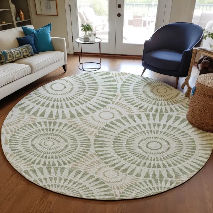 8' Artichoke Green Brown And Beige Round Geometric Washable Indoor Outdoor Area Rug