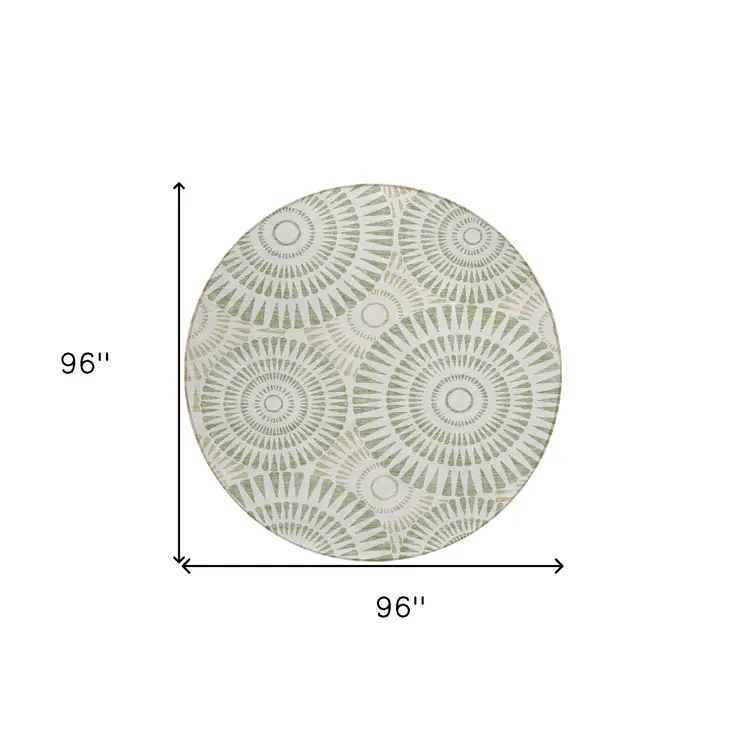 8' Artichoke Green Brown And Beige Round Geometric Washable Indoor Outdoor Area Rug