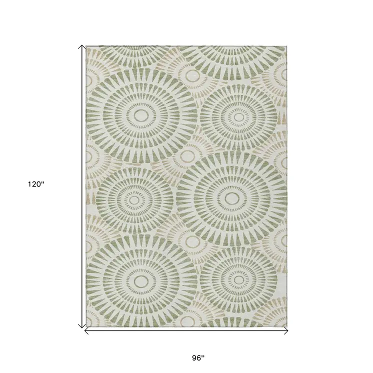 8' X 10' Artichoke Green Brown And Beige Geometric Washable Indoor Outdoor Area Rug