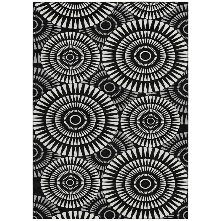 3' X 5' Black And Ivory Geometric Washable Indoor Outdoor Area Rug