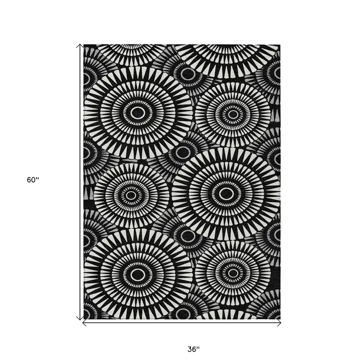 3' X 5' Black And Ivory Geometric Washable Indoor Outdoor Area Rug