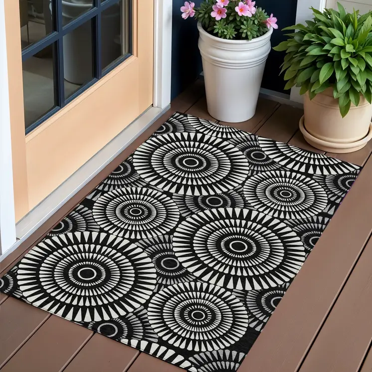 3' X 5' Black And Ivory Geometric Washable Indoor Outdoor Area Rug
