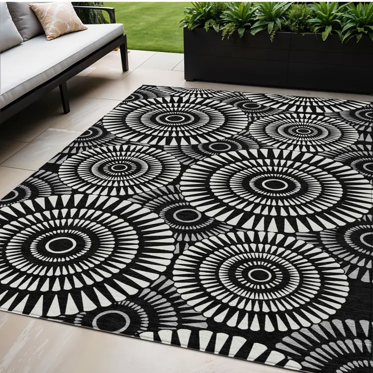 5' X 8' Black And Ivory Geometric Washable Indoor Outdoor Area Rug