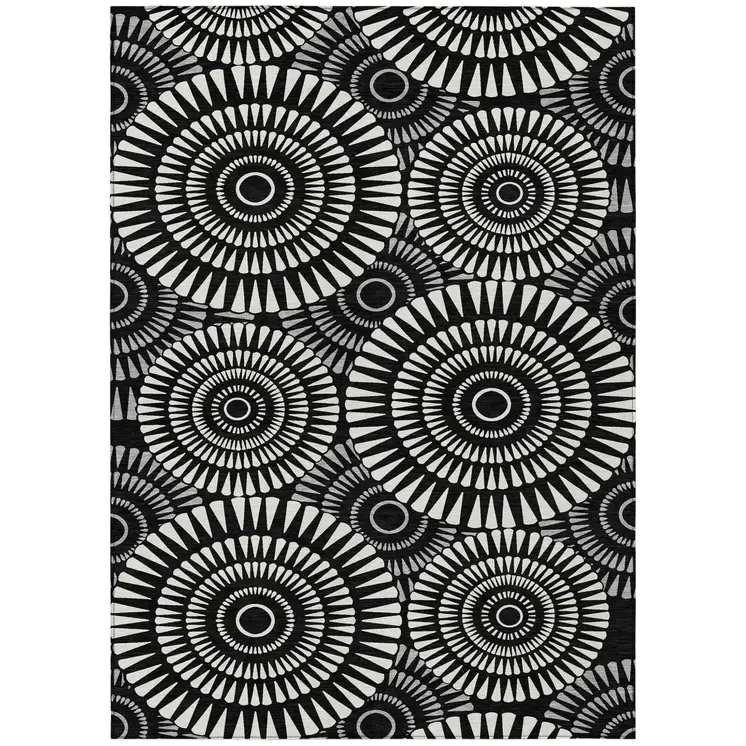 5' X 8' Black And Ivory Geometric Washable Indoor Outdoor Area Rug
