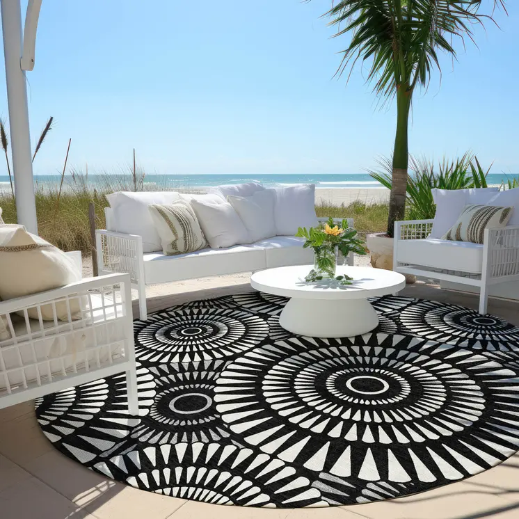 8' Black And Ivory Round Geometric Washable Indoor Outdoor Area Rug