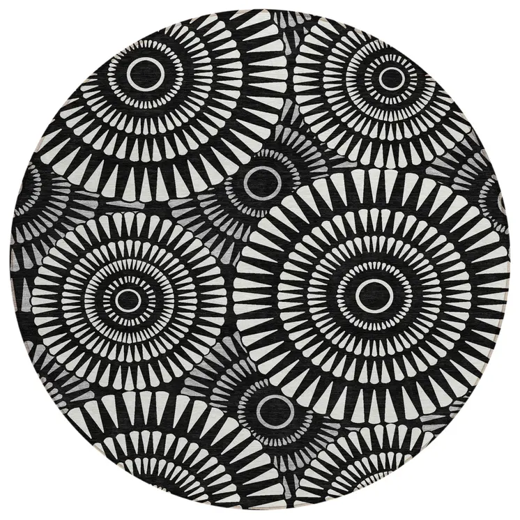 8' Black And Ivory Round Geometric Washable Indoor Outdoor Area Rug