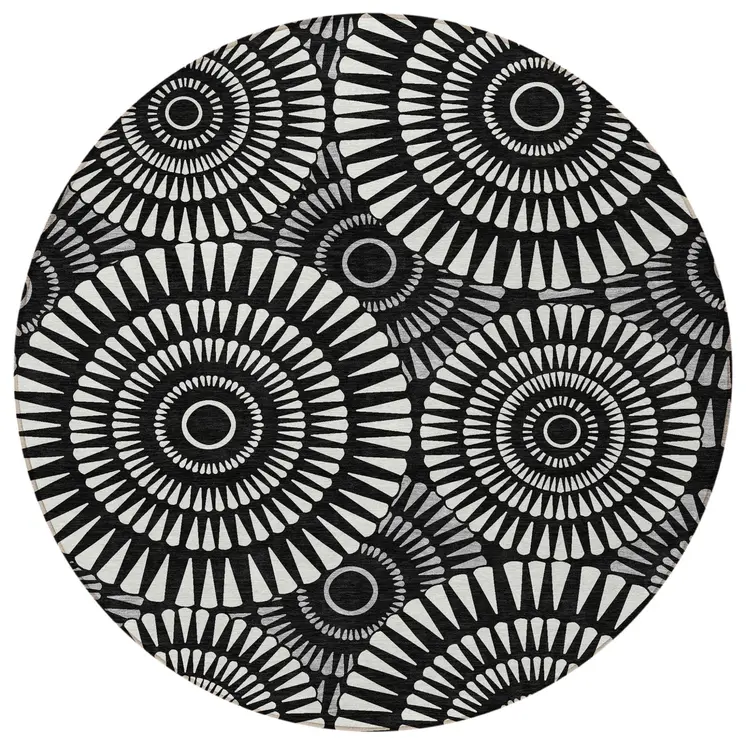 8' Black And Ivory Round Geometric Washable Indoor Outdoor Area Rug