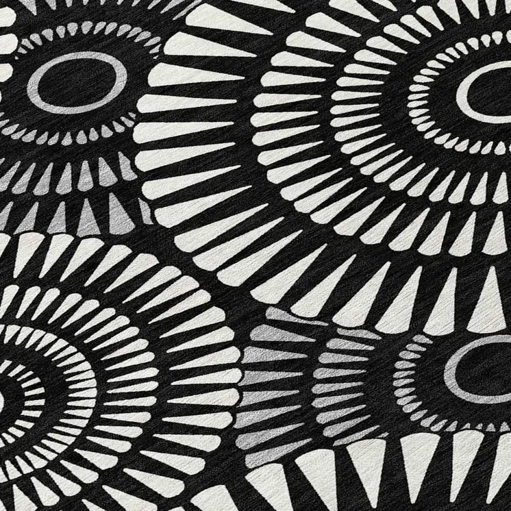8' Black And Ivory Round Geometric Washable Indoor Outdoor Area Rug