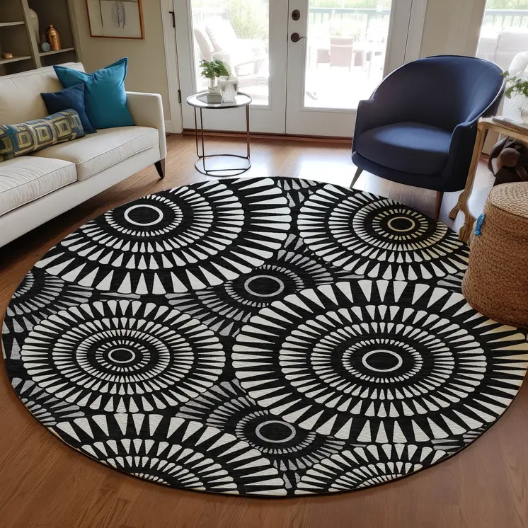 8' Black And Ivory Round Geometric Washable Indoor Outdoor Area Rug