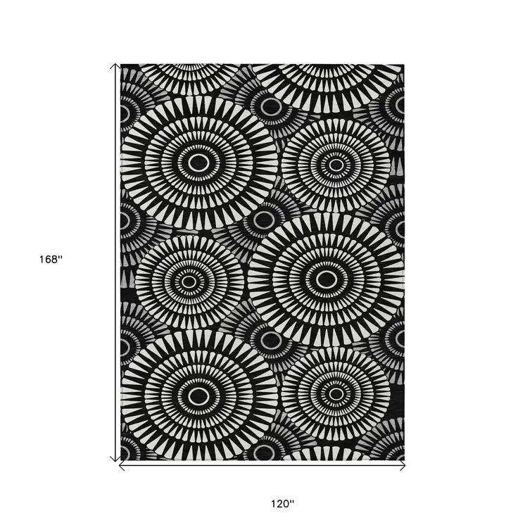10' X 14' Black And Ivory Geometric Washable Indoor Outdoor Area Rug