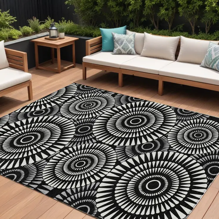 10' X 14' Black And Ivory Geometric Washable Indoor Outdoor Area Rug