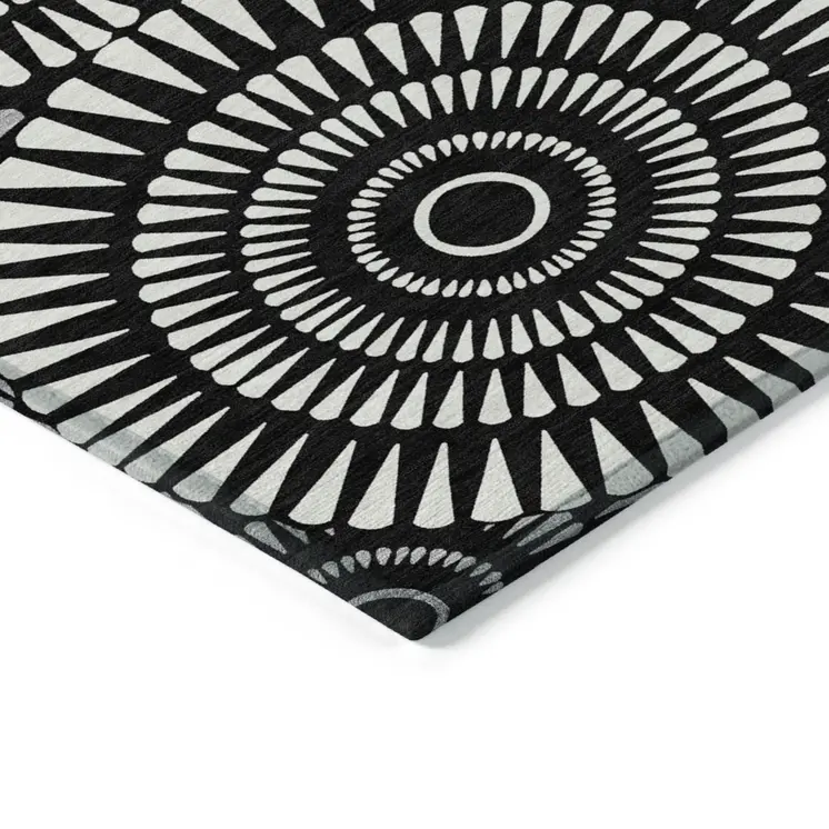 10' X 14' Black And Ivory Geometric Washable Indoor Outdoor Area Rug