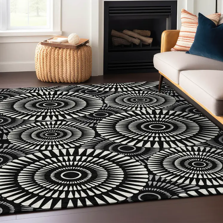 10' X 14' Black And Ivory Geometric Washable Indoor Outdoor Area Rug