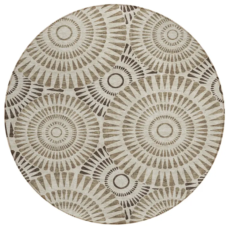 8' Brown And Beige Round Geometric Washable Indoor Outdoor Area Rug