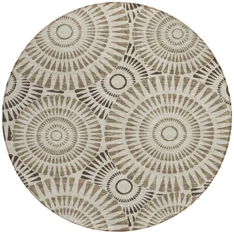 8' Brown And Beige Round Geometric Washable Indoor Outdoor Area Rug