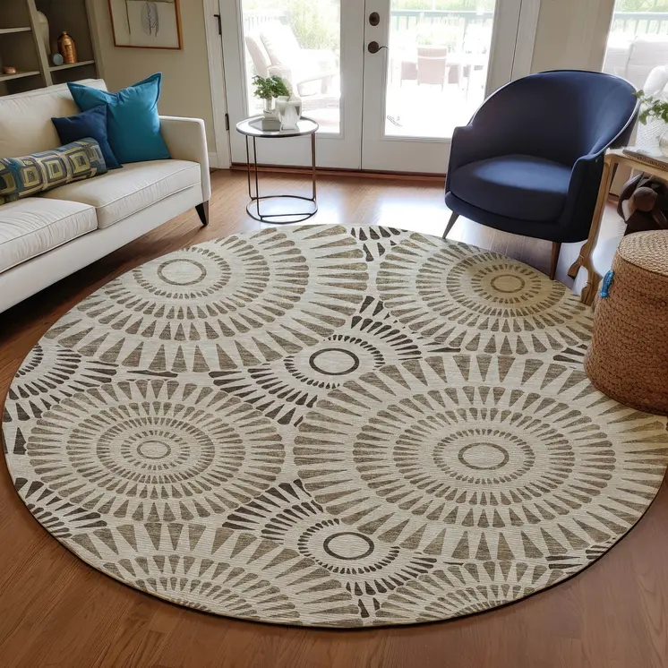 8' Brown And Beige Round Geometric Washable Indoor Outdoor Area Rug
