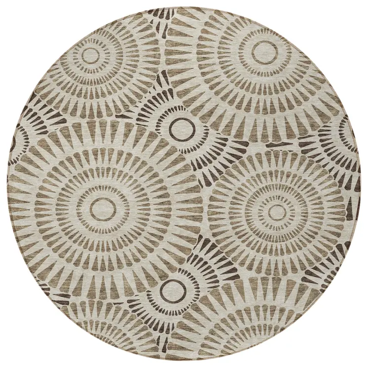8' Brown And Beige Round Geometric Washable Indoor Outdoor Area Rug