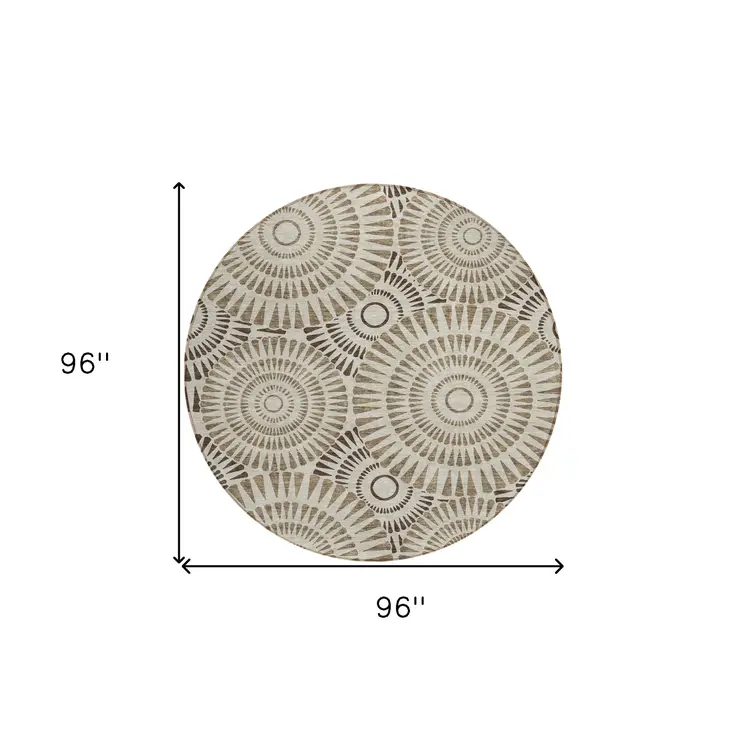 8' Brown And Beige Round Geometric Washable Indoor Outdoor Area Rug