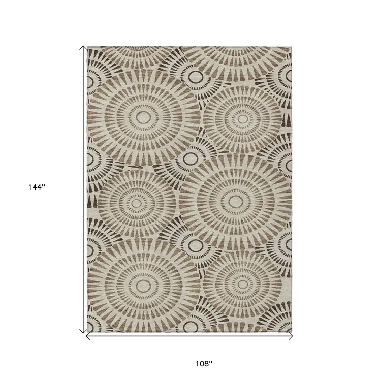 9' X 12' Brown And Beige Geometric Washable Indoor Outdoor Area Rug