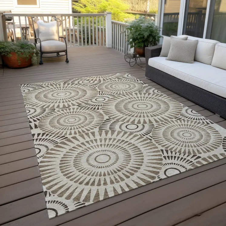 9' X 12' Brown And Beige Geometric Washable Indoor Outdoor Area Rug