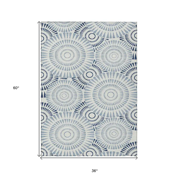 3' X 5' Blue And Ivory Geometric Washable Indoor Outdoor Area Rug