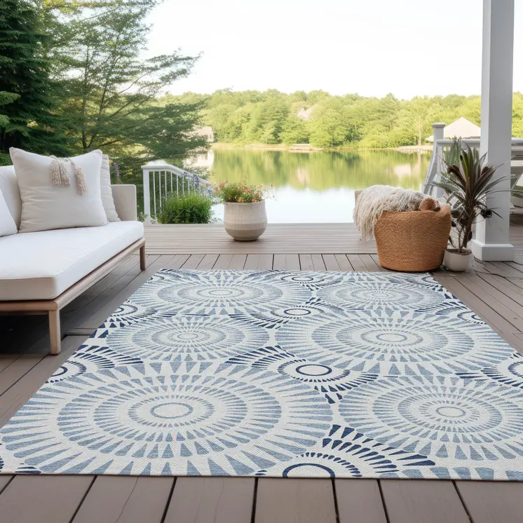 3' X 5' Blue And Ivory Geometric Washable Indoor Outdoor Area Rug