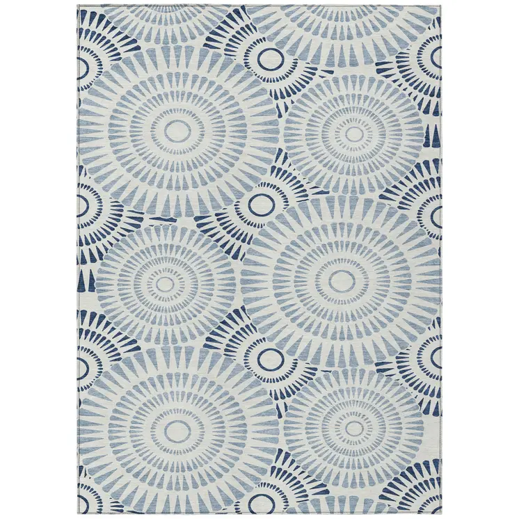 3' X 5' Blue And Ivory Geometric Washable Indoor Outdoor Area Rug