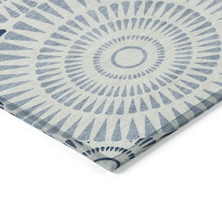 3' X 5' Blue And Ivory Geometric Washable Indoor Outdoor Area Rug