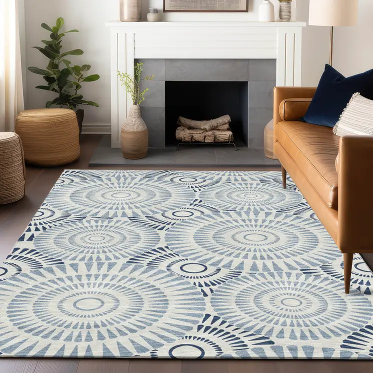 3' X 5' Blue And Ivory Geometric Washable Indoor Outdoor Area Rug