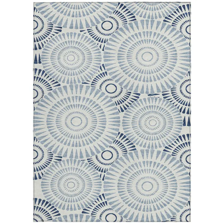 10' X 14' Blue And Ivory Geometric Washable Indoor Outdoor Area Rug