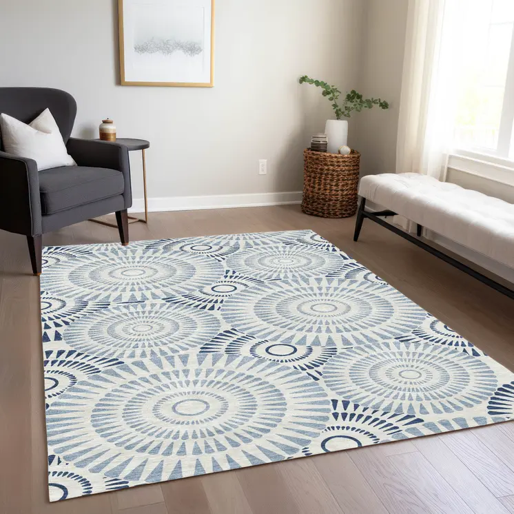 10' X 14' Blue And Ivory Geometric Washable Indoor Outdoor Area Rug