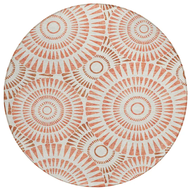 8' Coral And Ivory Round Geometric Washable Indoor Outdoor Area Rug