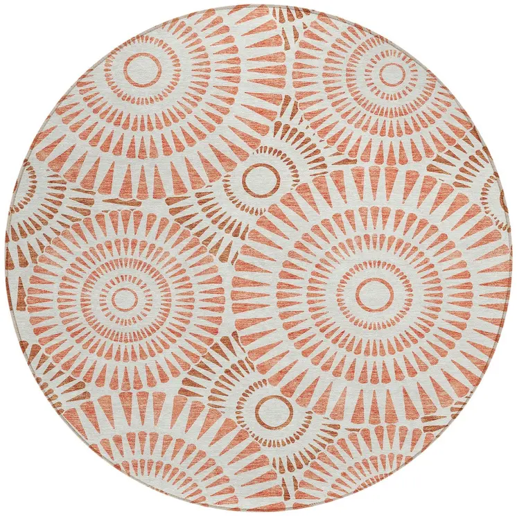 8' Coral And Ivory Round Geometric Washable Indoor Outdoor Area Rug