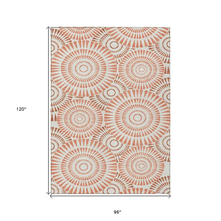 8' X 10' Coral And Ivory Geometric Washable Indoor Outdoor Area Rug