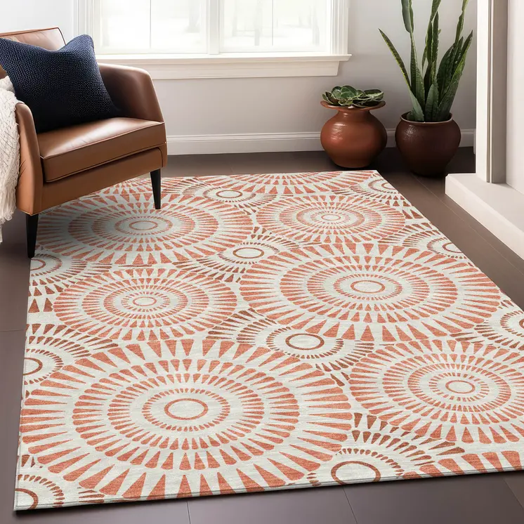 8' X 10' Coral And Ivory Geometric Washable Indoor Outdoor Area Rug