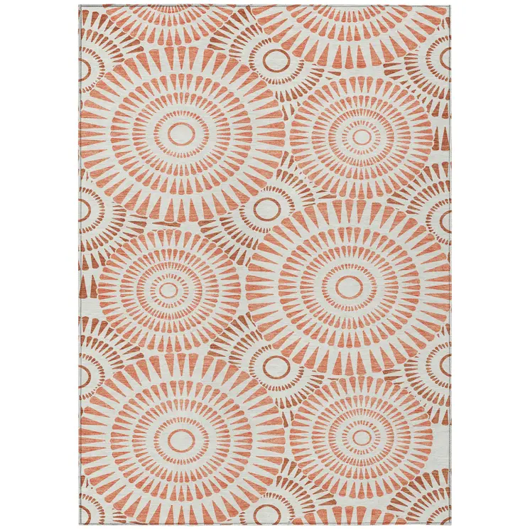 10' X 14' Coral And Ivory Geometric Washable Indoor Outdoor Area Rug