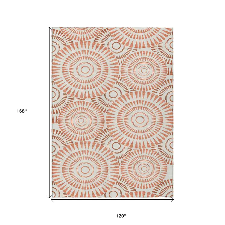 10' X 14' Coral And Ivory Geometric Washable Indoor Outdoor Area Rug