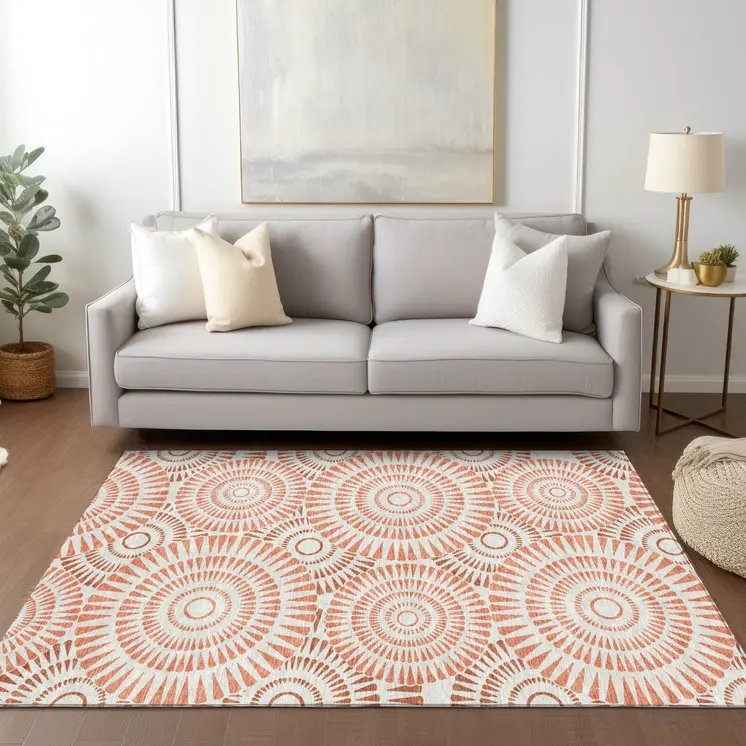 10' X 14' Coral And Ivory Geometric Washable Indoor Outdoor Area Rug
