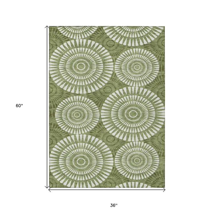 3' X 5' Green And Ivory Geometric Washable Indoor Outdoor Area Rug