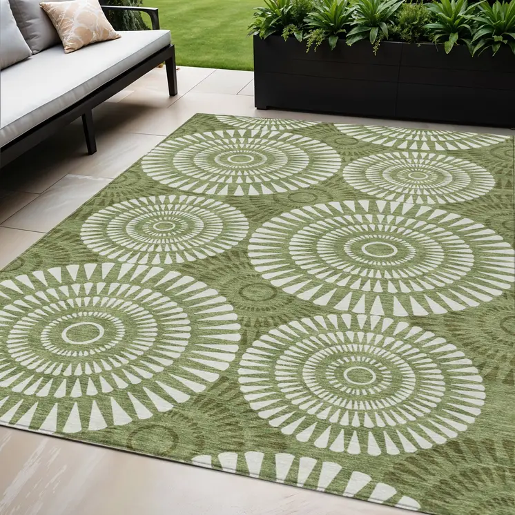 5' X 8' Green And Ivory Geometric Washable Indoor Outdoor Area Rug