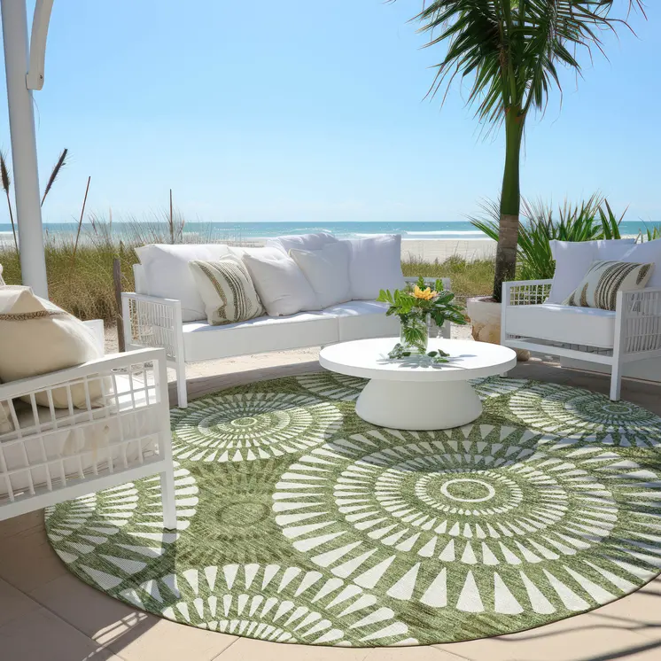 8' Green And Ivory Round Geometric Washable Indoor Outdoor Area Rug